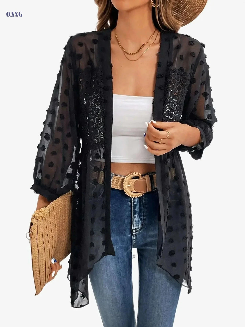 Elegant Women's Swiss Dot Cardigan - Machine Washable, Lace Trim   OAXG 