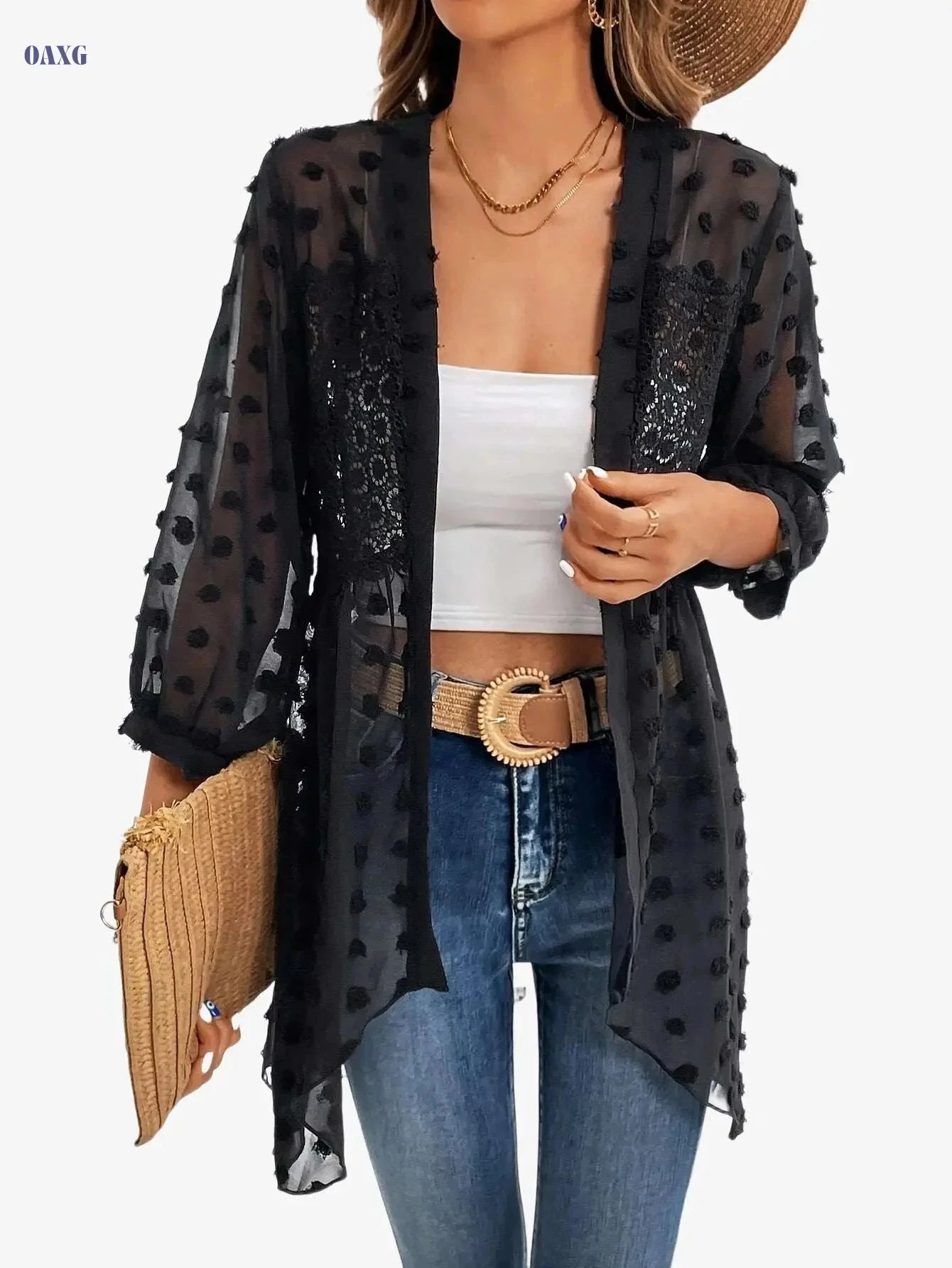 Elegant Women's Swiss Dot Cardigan - Machine Washable, Lace Trim   OAXG 