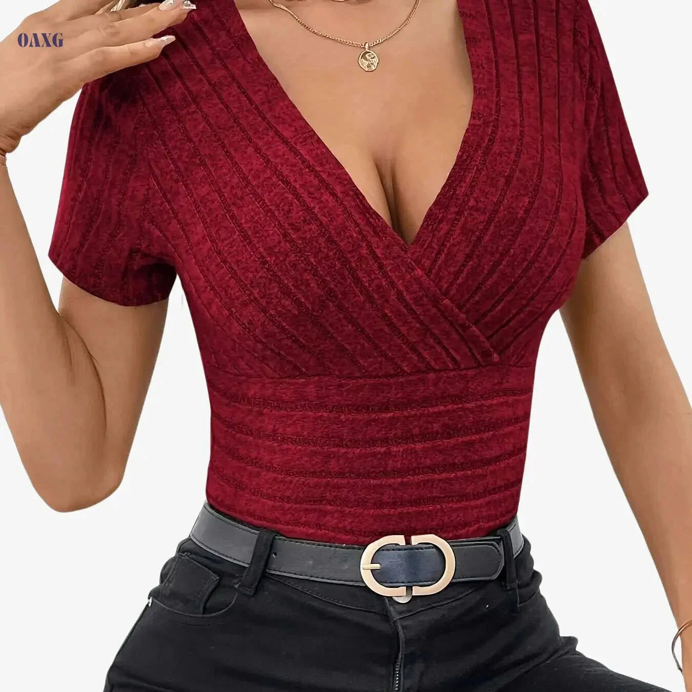 Elegant Women’s T-Shirt - Criss Cross Neck, Regular Fit Design   OAXG Light Grey / XS