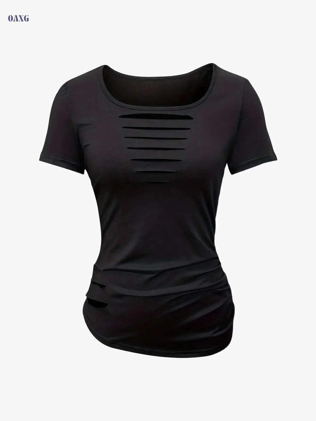 Elegant Women's T-Shirt - Solid Color, Mid Elasticity, Crew Neck   OAXG Black / S