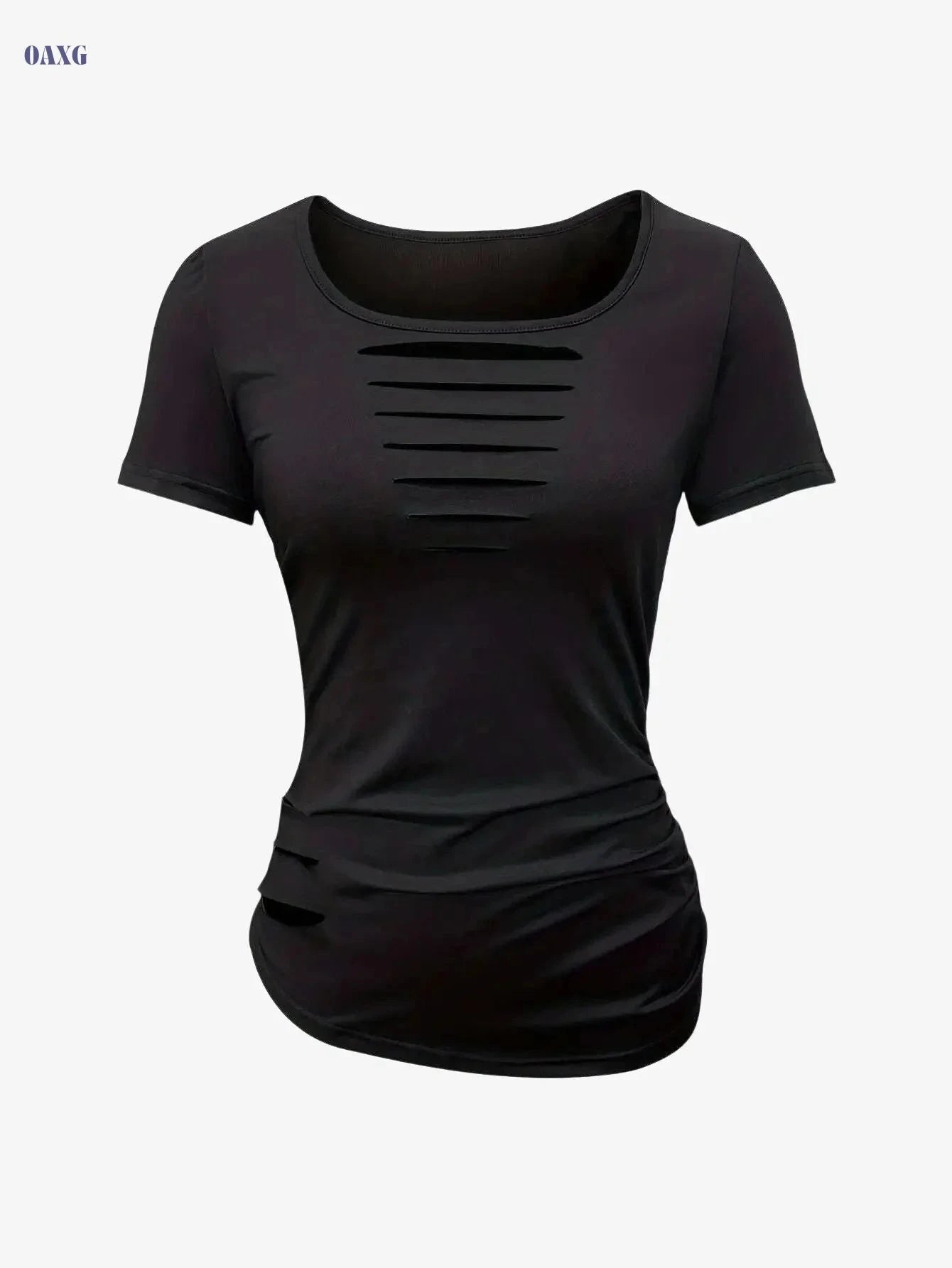 Elegant Women's T-Shirt - Solid Color, Mid Elasticity, Crew Neck   OAXG Black / S