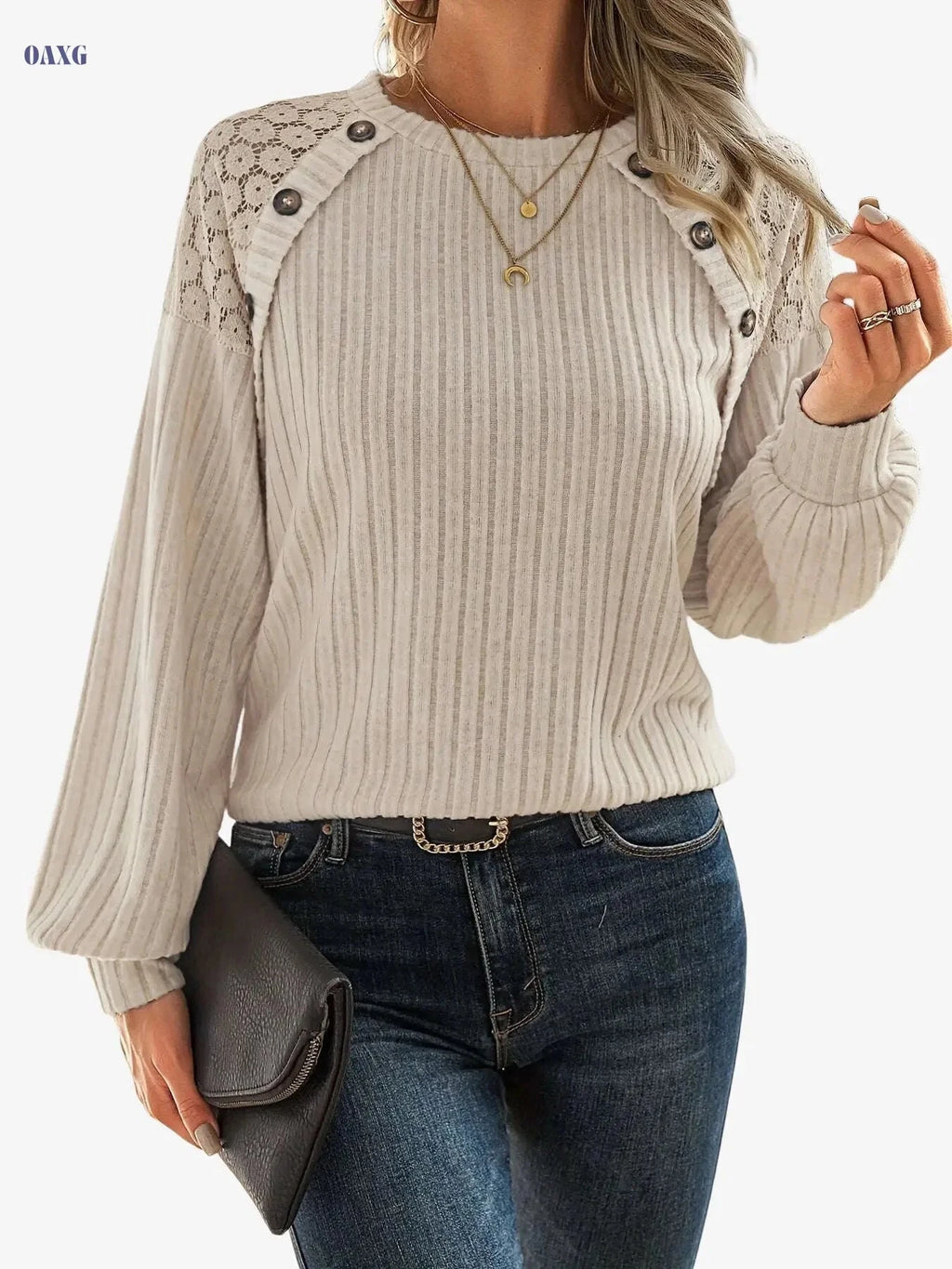 Elegant Women's Top with Lace Raglan Sleeves & Button Details   OAXG 