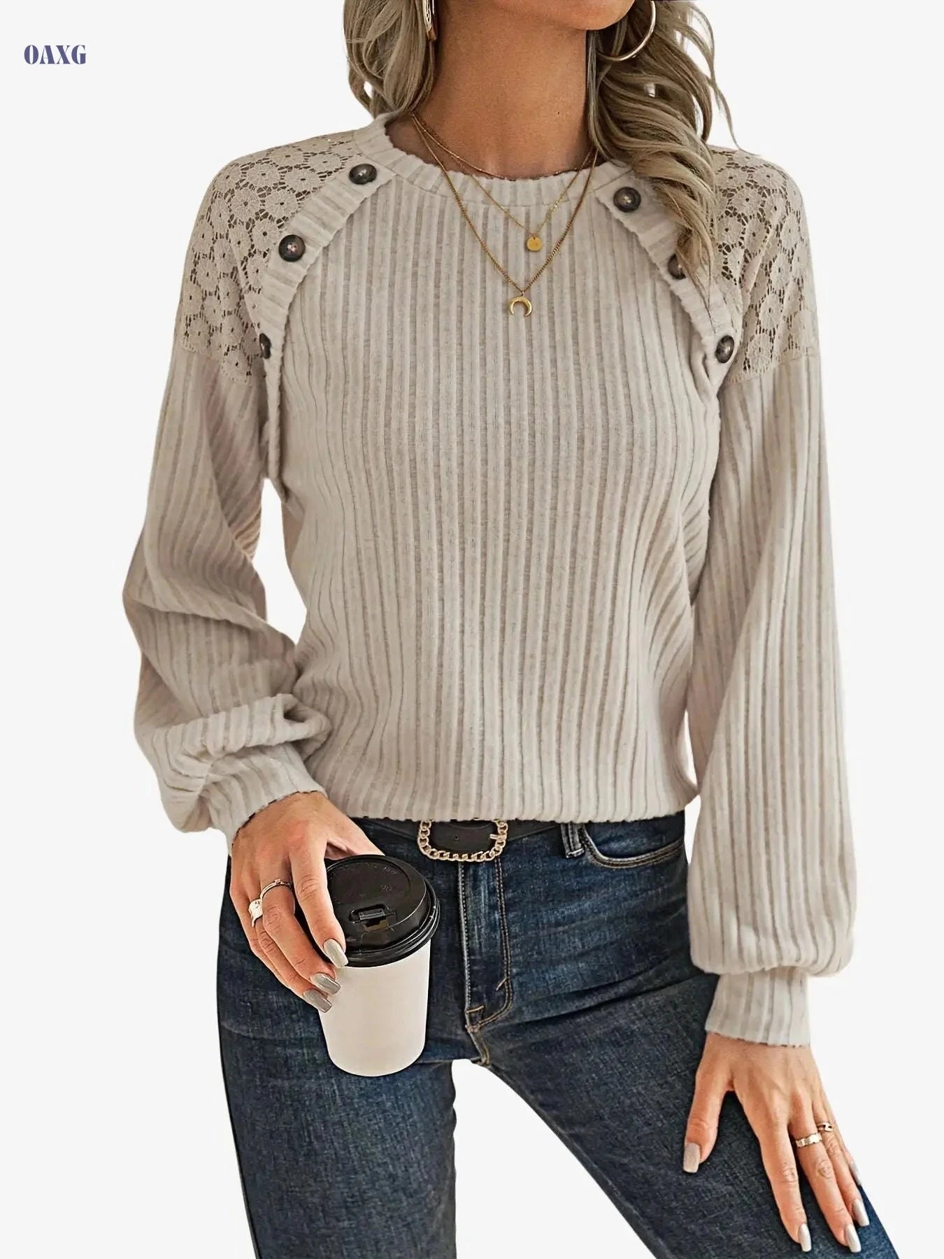 Elegant Women's Top with Lace Raglan Sleeves & Button Details   OAXG Apricot / S