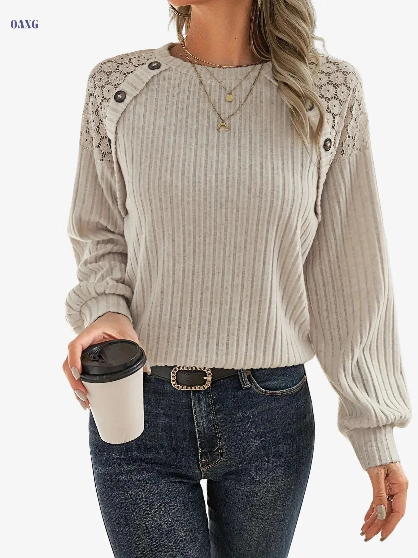 Elegant Women's Top with Lace Raglan Sleeves & Button Details   OAXG Apricot / S