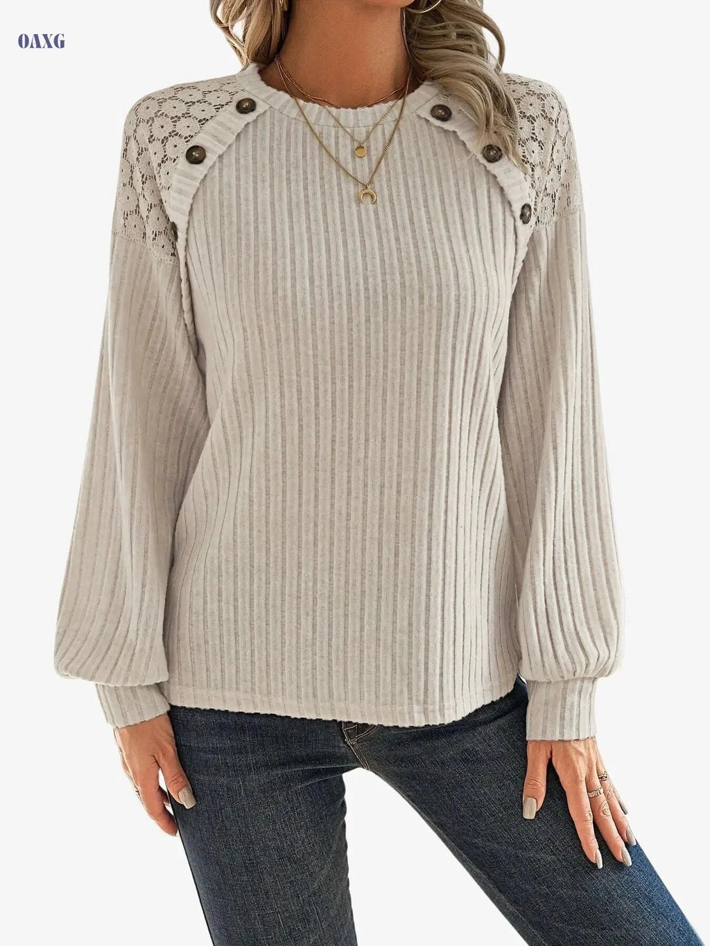 Elegant Women's Top with Lace Raglan Sleeves & Button Details   OAXG Apricot / S