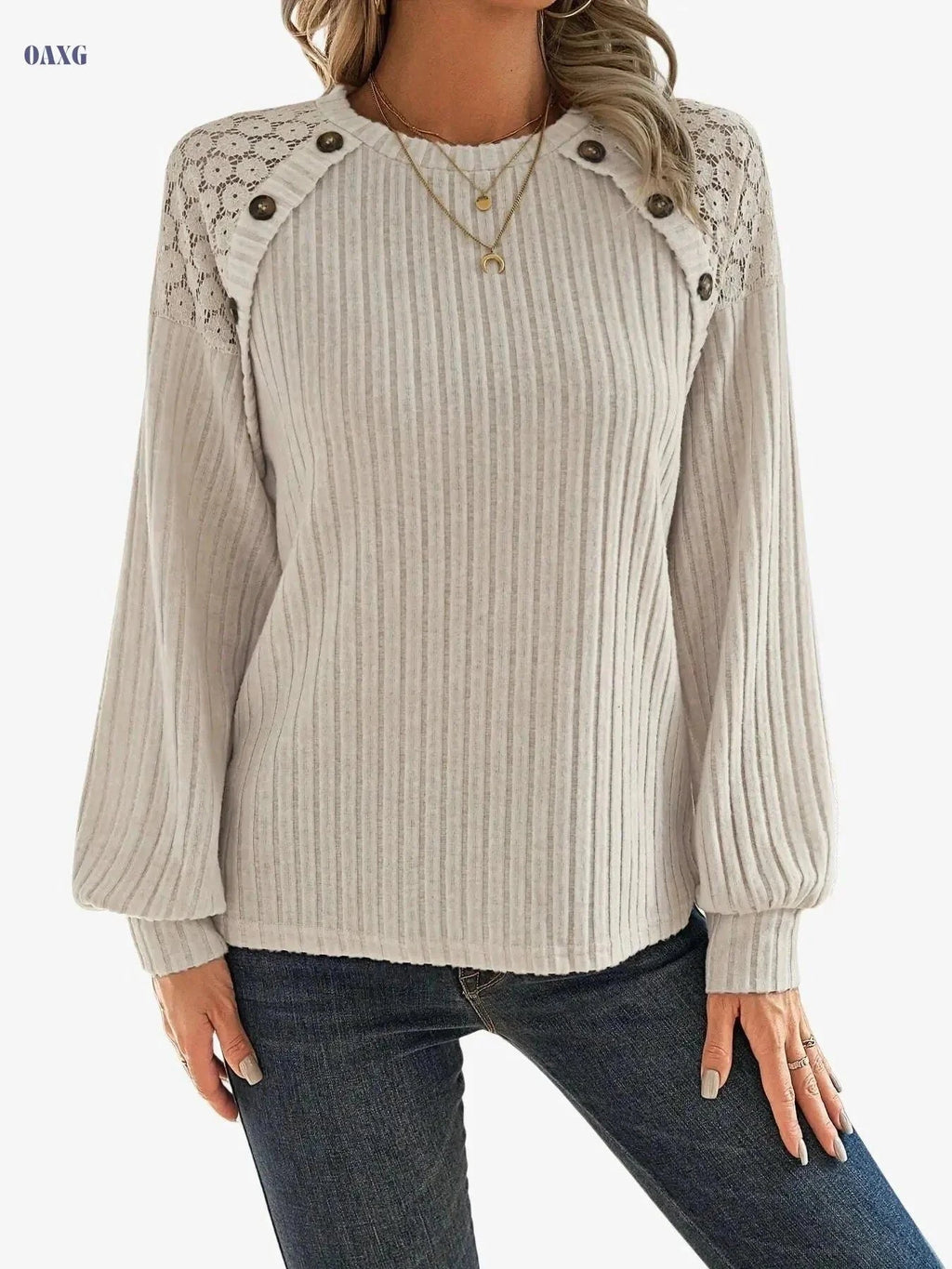 Elegant Women's Top with Lace Raglan Sleeves & Button Details   OAXG Apricot / S