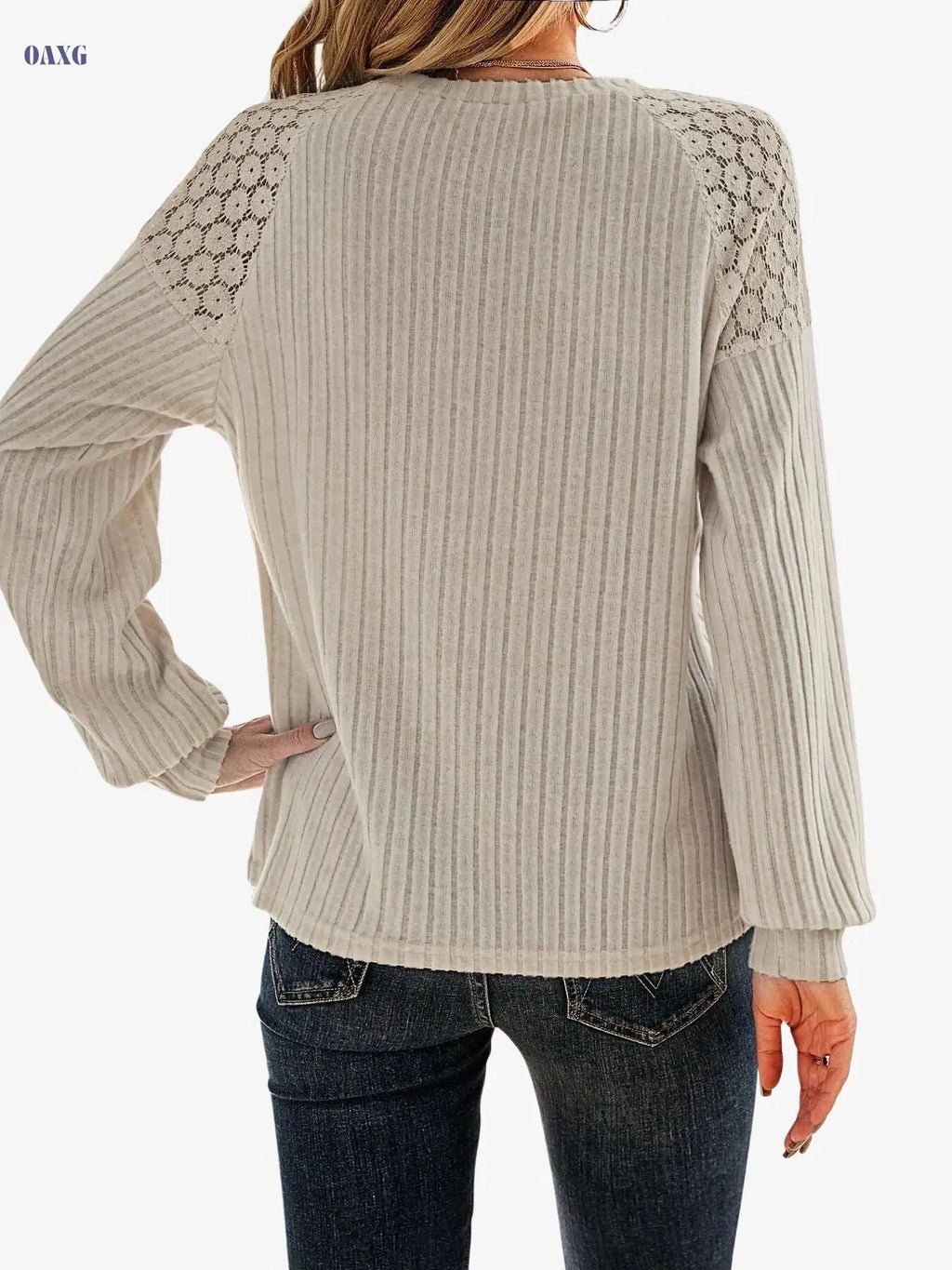 Elegant Women's Top with Lace Raglan Sleeves & Button Details   OAXG 