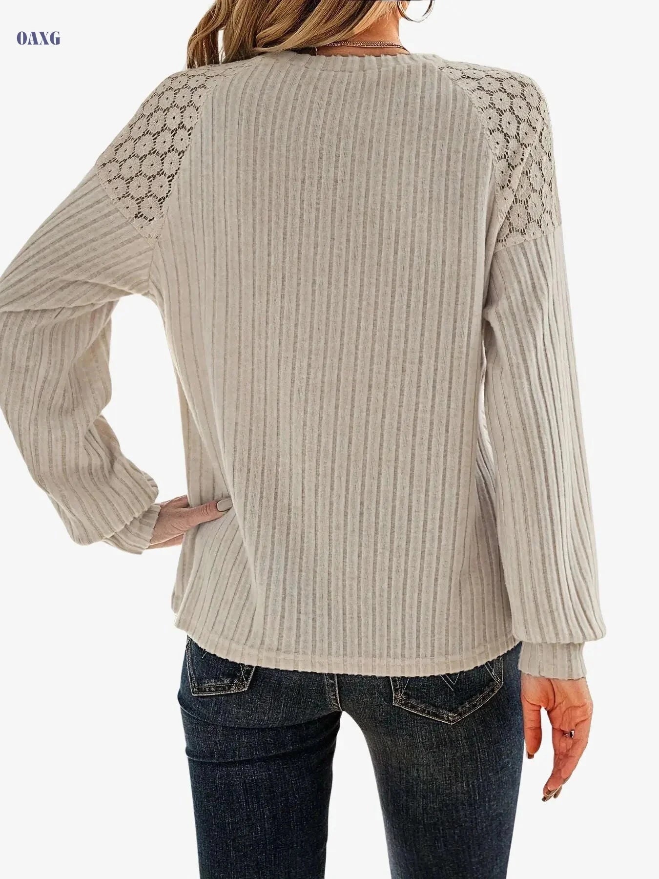 Elegant Women's Top with Lace Raglan Sleeves & Button Details   OAXG 