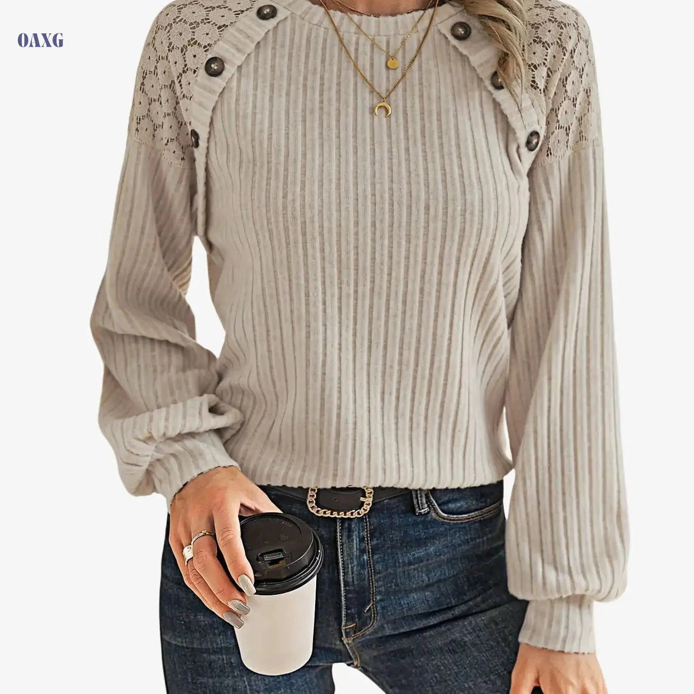 Elegant Women's Top with Lace Raglan Sleeves & Button Details   OAXG 