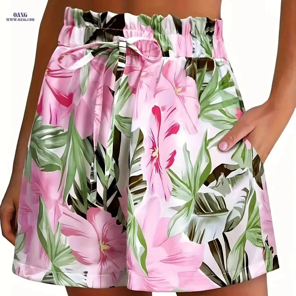 Elegant Women's Tropical Floral Print Shorts - Casual Summer Style   OAXG 