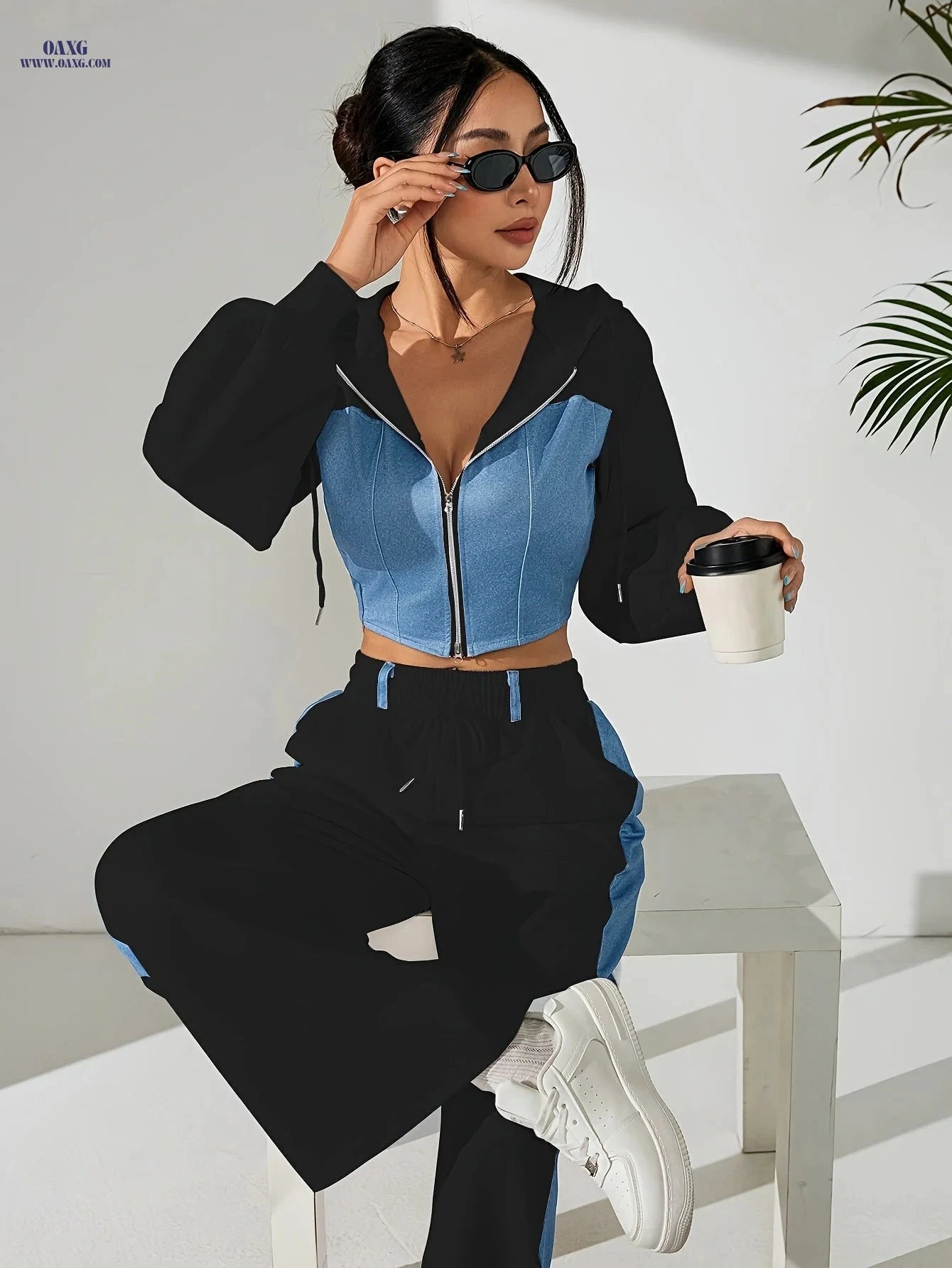 Elegant Women's Two-Piece Suit Set - Zip-Up Jacket & Casual Pants   OAXG 