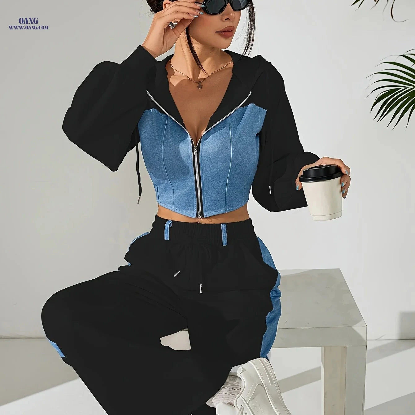 Elegant Women's Two-Piece Suit Set - Zip-Up Jacket & Casual Pants   OAXG 