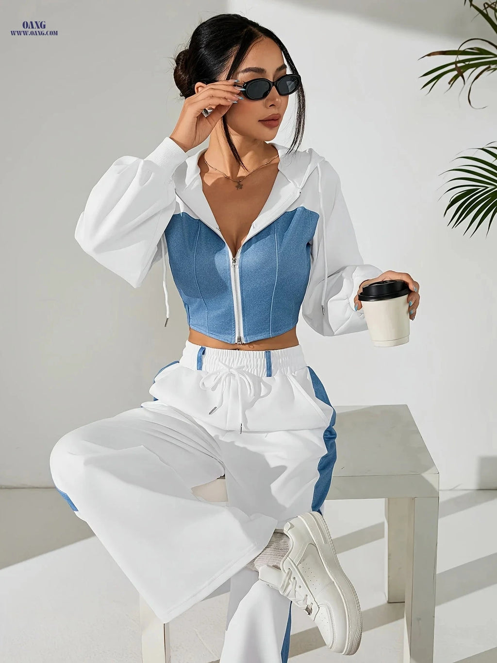 Elegant Women's Two-Piece Suit Set - Zip-Up Jacket & Casual Pants   OAXG White / XS