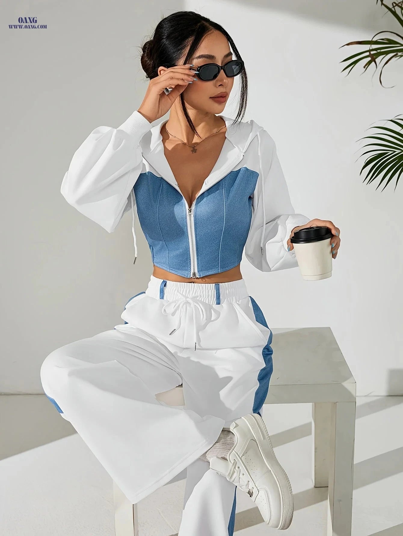 Elegant Women's Two-Piece Suit Set - Zip-Up Jacket & Casual Pants   OAXG White / XS