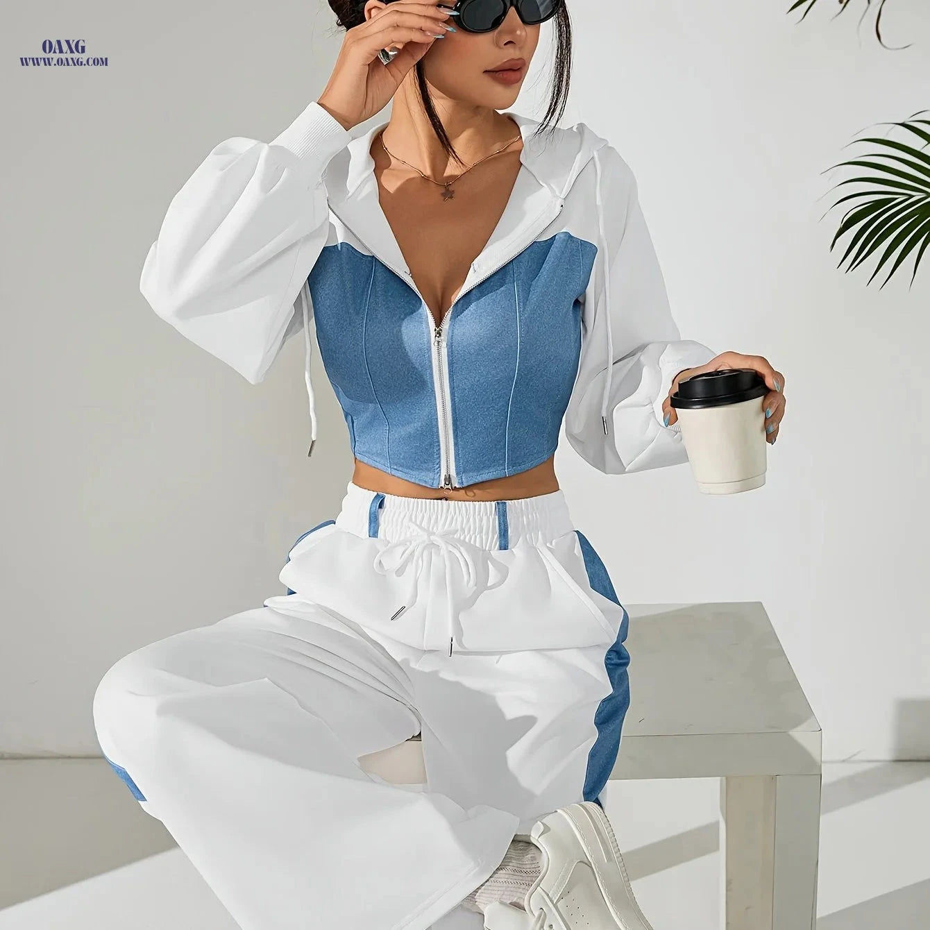 Elegant Women's Two-Piece Suit Set - Zip-Up Jacket & Casual Pants   OAXG White / XS