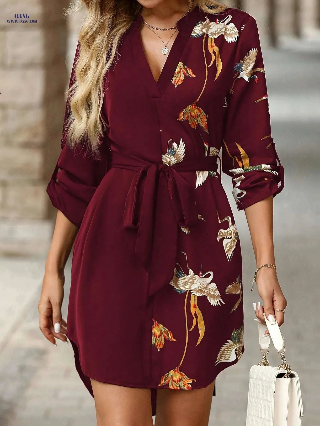 Elegant Women’s V-Neck Dress - Vibrant Bird & Floral Print   OAXG 