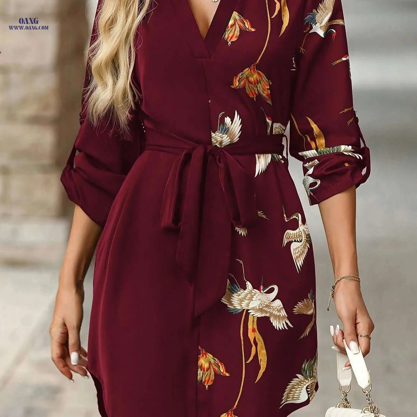 Elegant Women’s V-Neck Dress - Vibrant Bird & Floral Print   OAXG Black / S