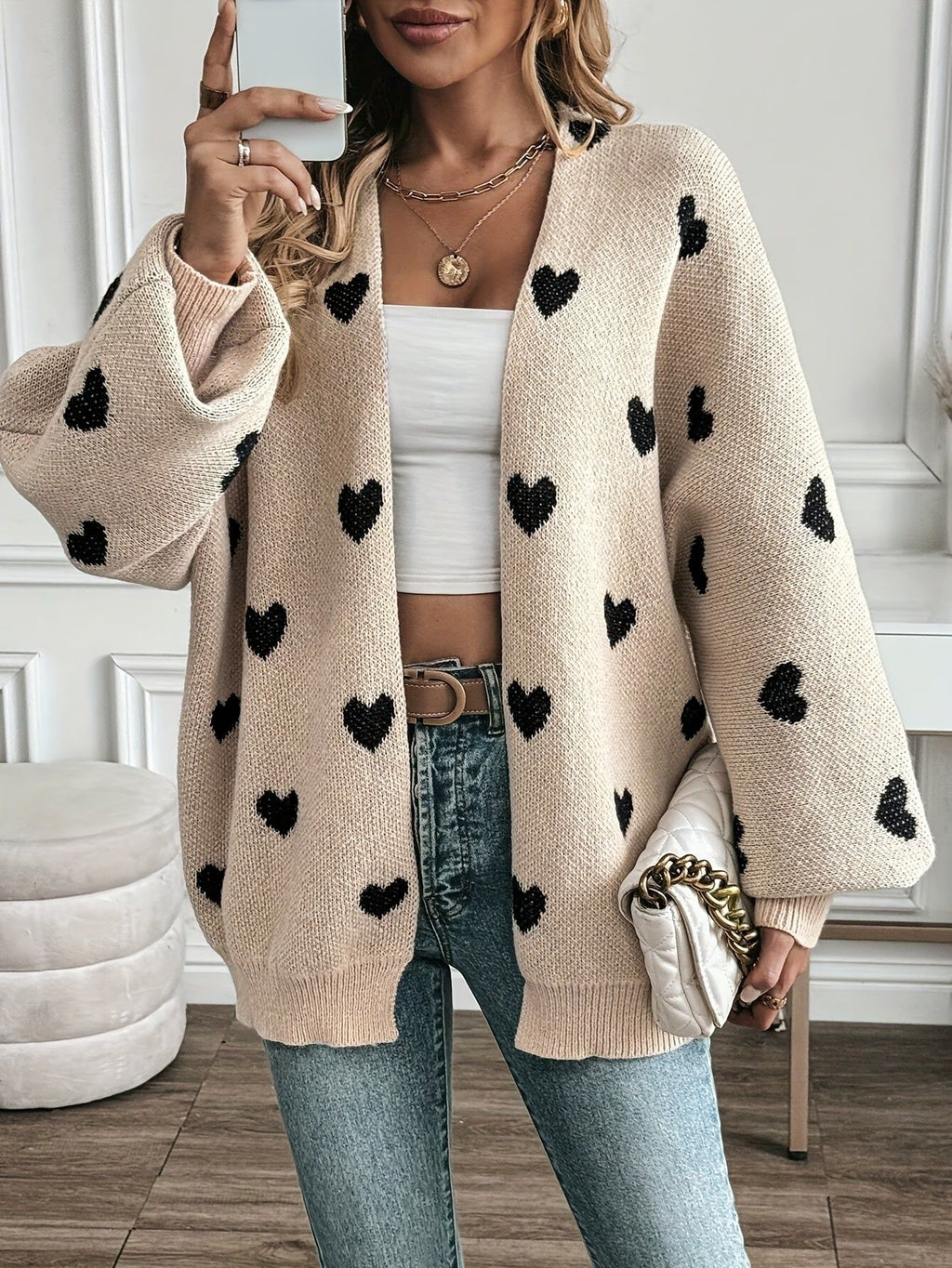 Elegant Women's V-Neck Heart Print Cardigan   OAXG Apricot / S