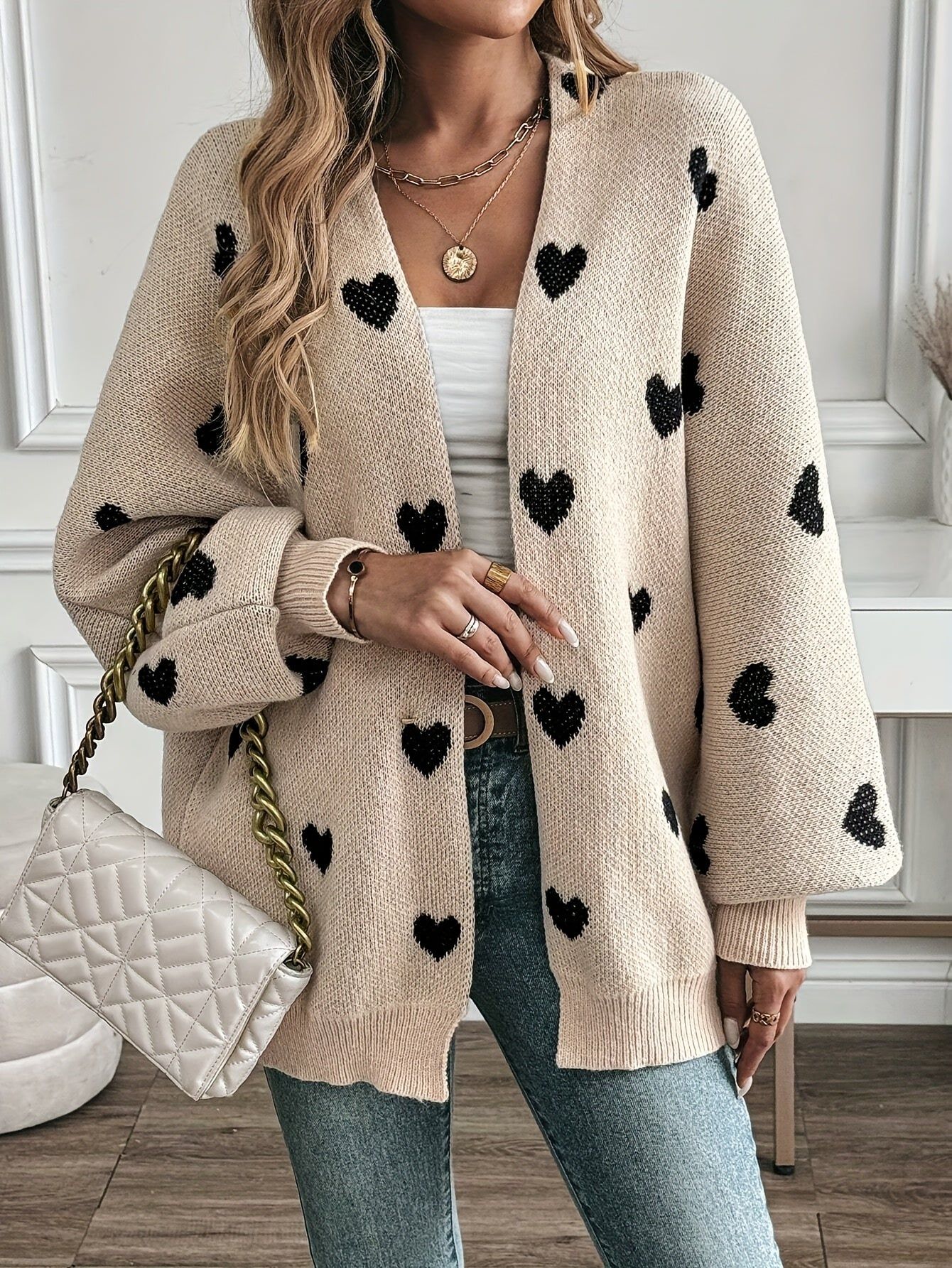 Elegant Women's V-Neck Heart Print Cardigan   OAXG Apricot / S