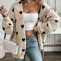 Elegant Women's V-Neck Heart Print Cardigan   OAXG Apricot / S