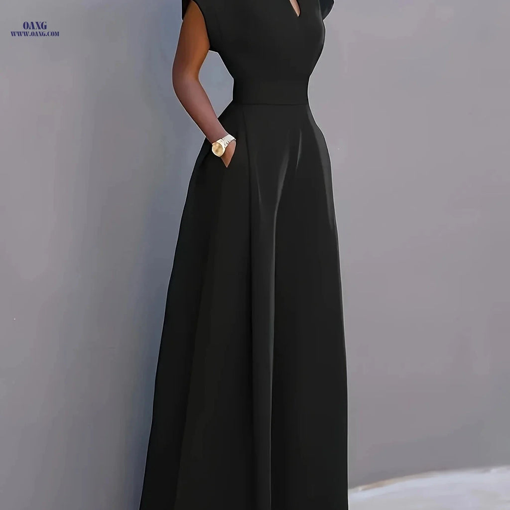 Elegant Women's V-Neck Jumpsuit - Solid Color, Casual Style   OAXG 
