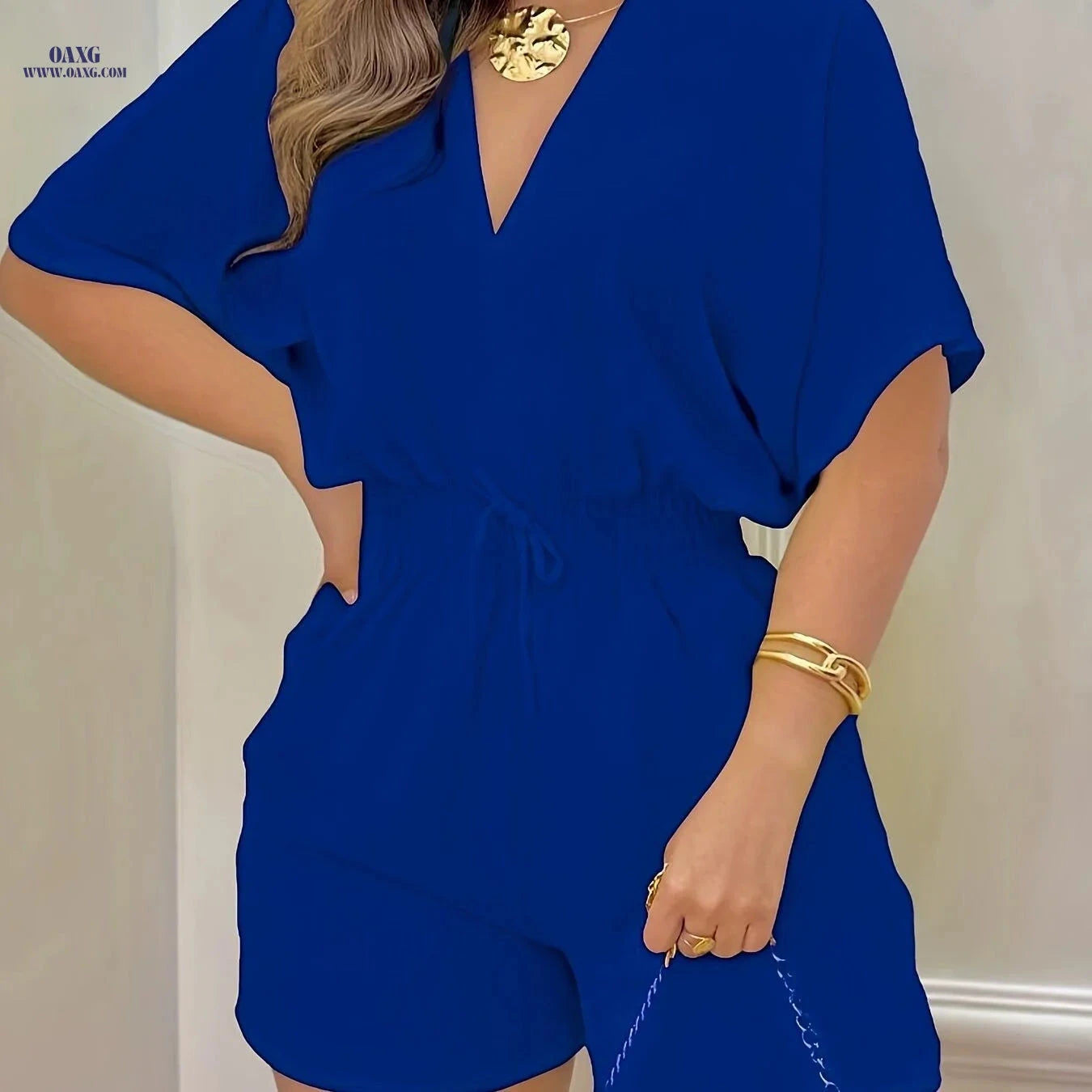 Elegant Women's V-Neck Jumpsuit - Spring/Summer Casual Style   OAXG 
