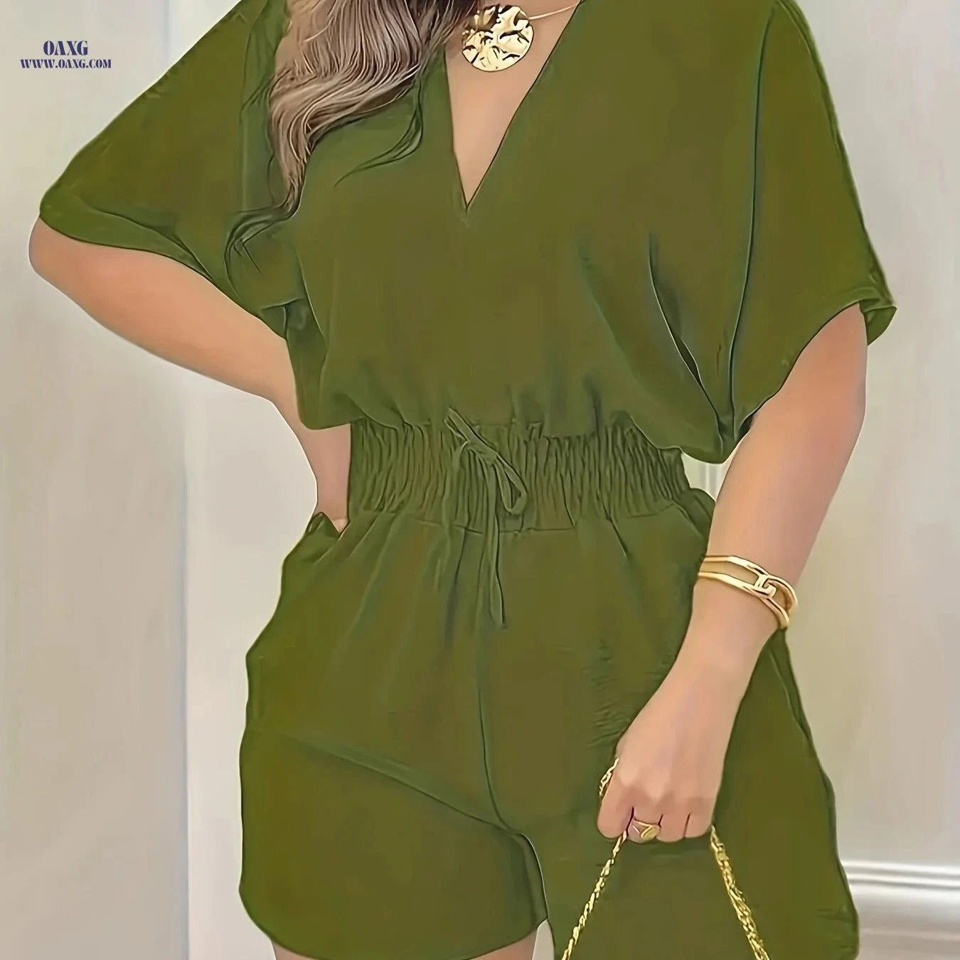 Elegant Women's V-Neck Jumpsuit - Spring/Summer Casual Style   OAXG 