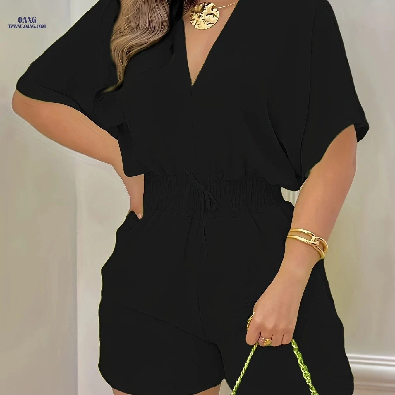 Elegant Women's V-Neck Jumpsuit - Spring/Summer Casual Style   OAXG 
