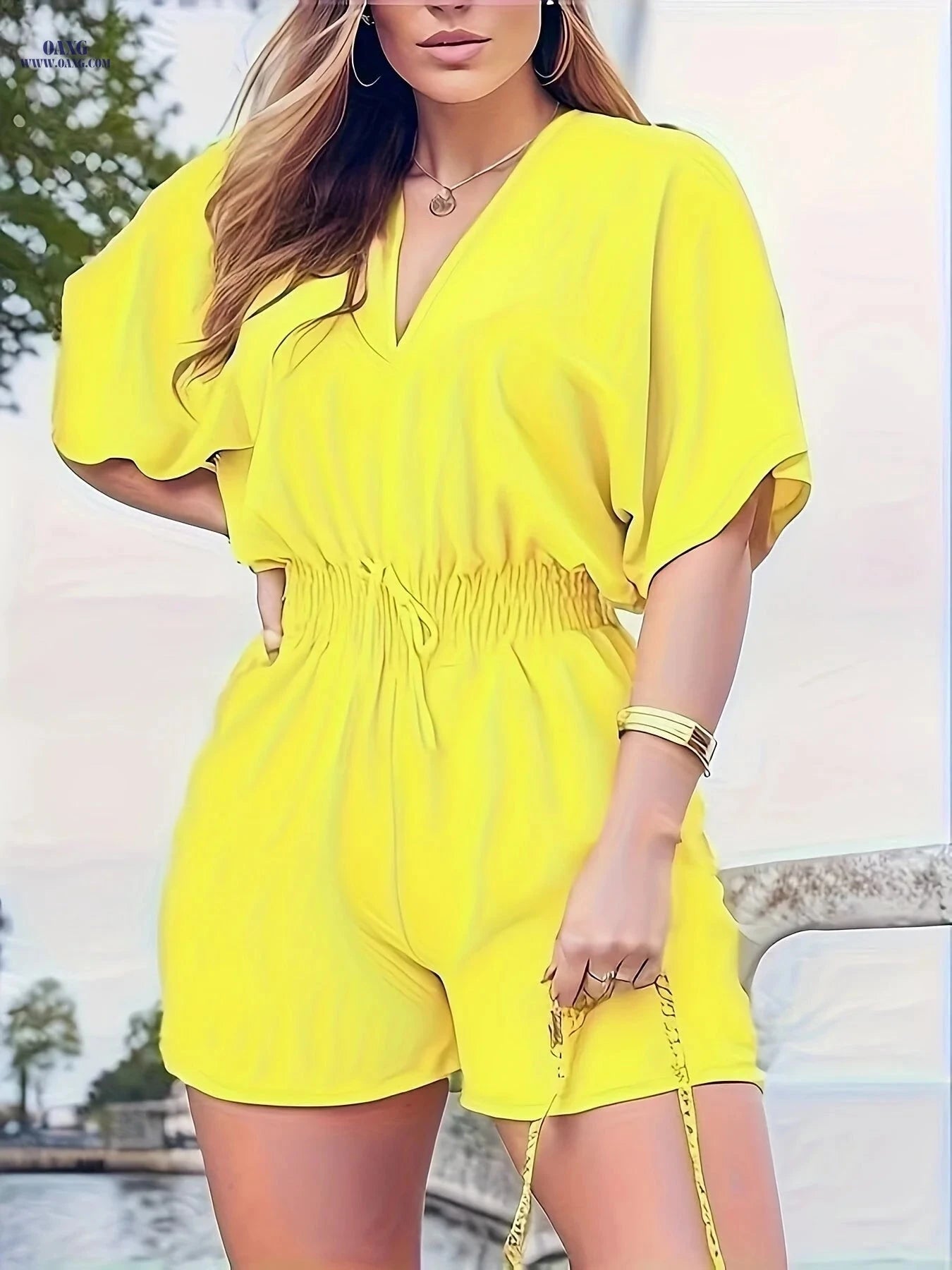 Elegant Women's V-Neck Jumpsuit - Spring/Summer Casual Style   OAXG Yellow / S