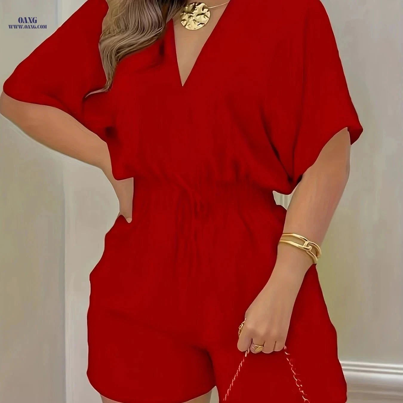 Elegant Women's V-Neck Jumpsuit - Spring/Summer Casual Style   OAXG Yellow / S