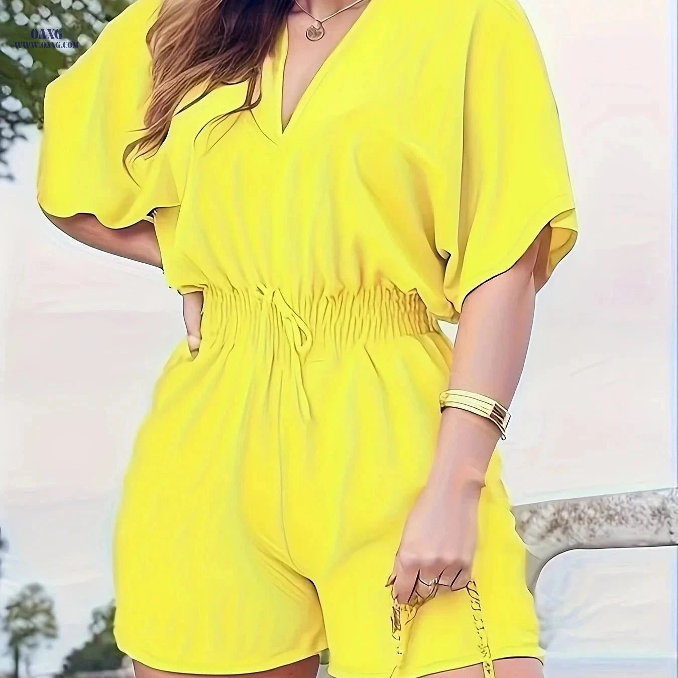 Elegant Women's V-Neck Jumpsuit - Spring/Summer Casual Style   OAXG Yellow / S