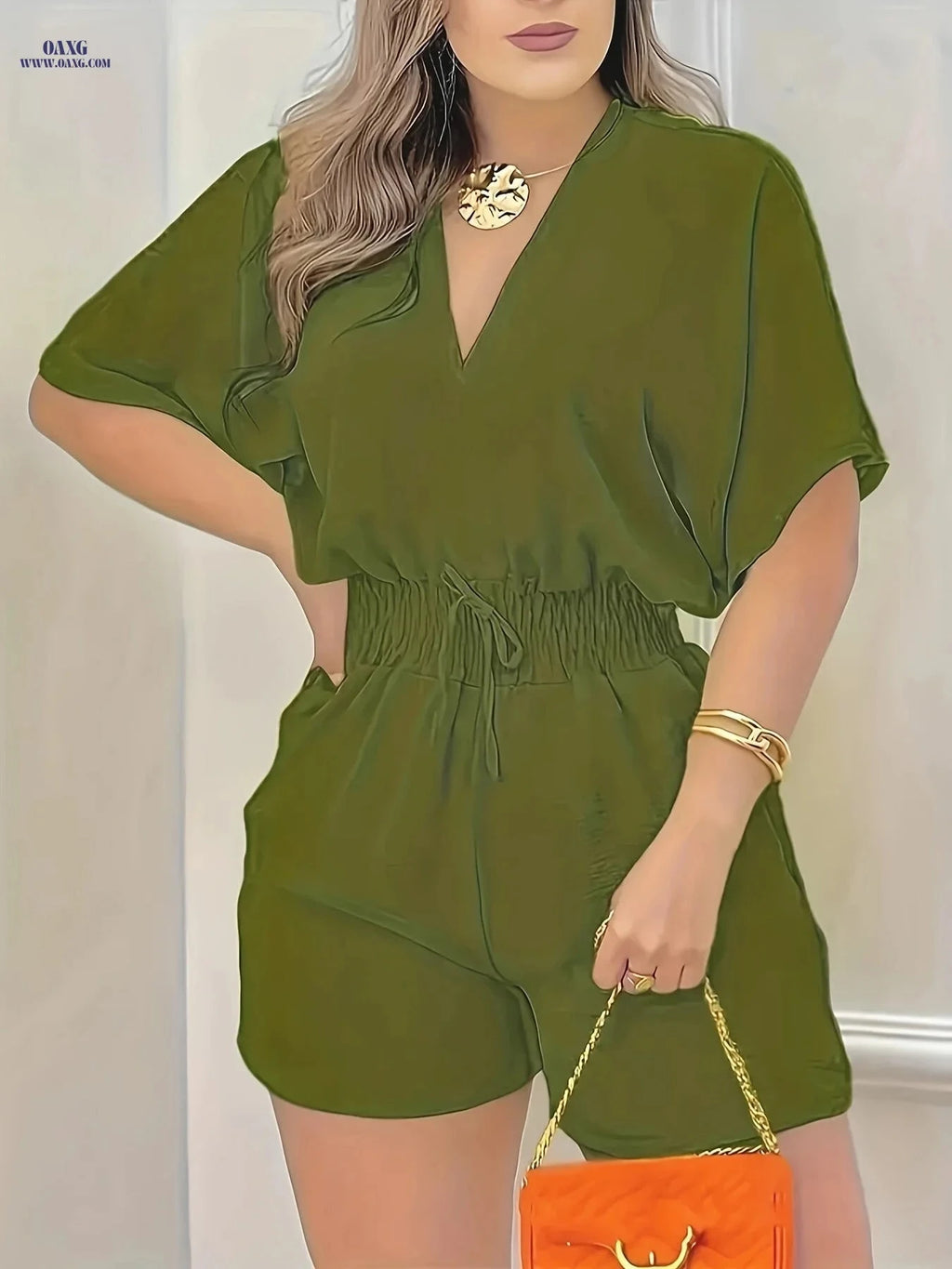 Elegant Women's V-Neck Jumpsuit - Spring/Summer Casual Style   OAXG 