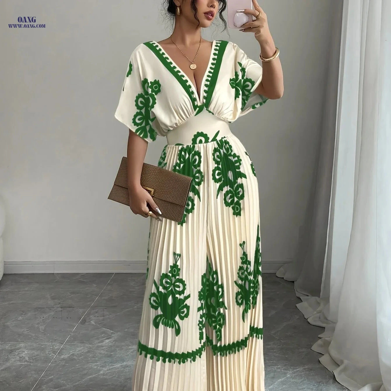 Elegant Women's V-Neck Jumpsuit - Waist-Cinching & Fashionable   OAXG Apricot / S