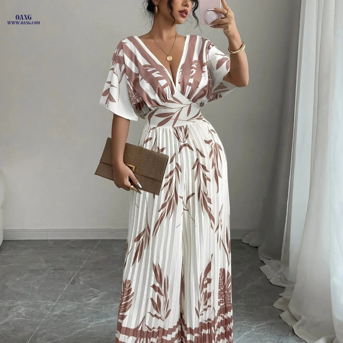 Elegant Women's V-Neck Jumpsuit - Waist-Cinching & Fashionable   OAXG Apricot / S