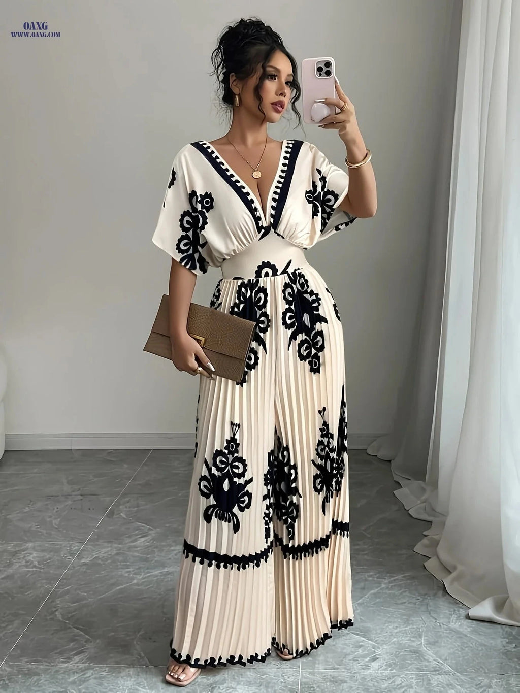 Elegant Women's V-Neck Jumpsuit - Waist-Cinching & Fashionable   OAXG Apricot / S