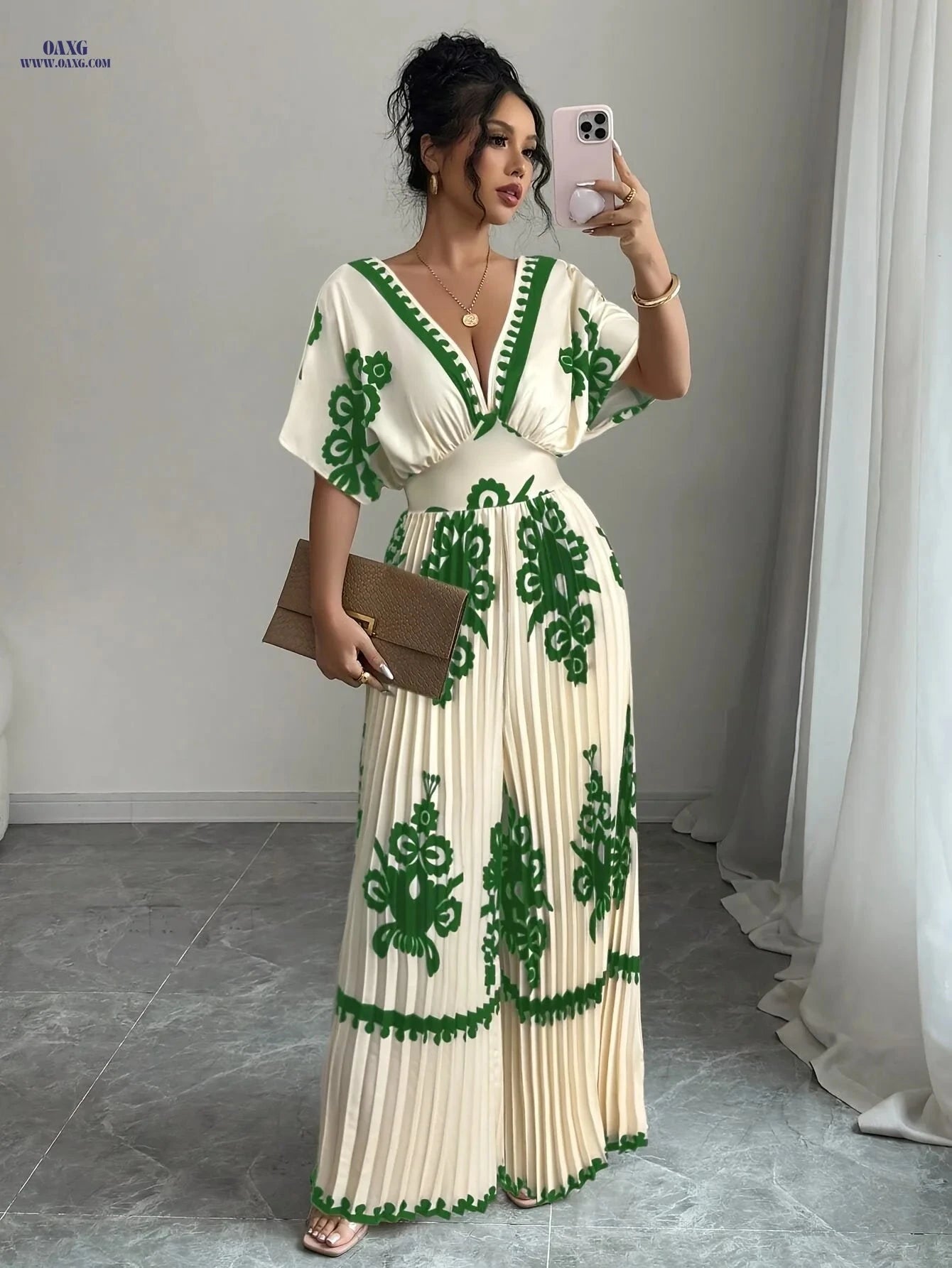 Elegant Women's V-Neck Jumpsuit - Waist-Cinching & Fashionable   OAXG Apricot / S