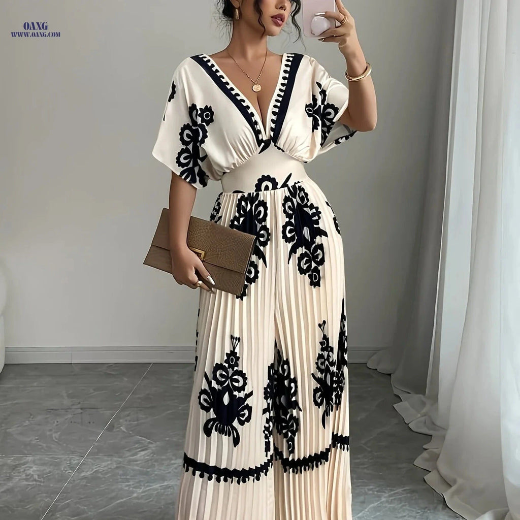 Elegant Women's V-Neck Jumpsuit - Waist-Cinching & Fashionable   OAXG Apricot / S