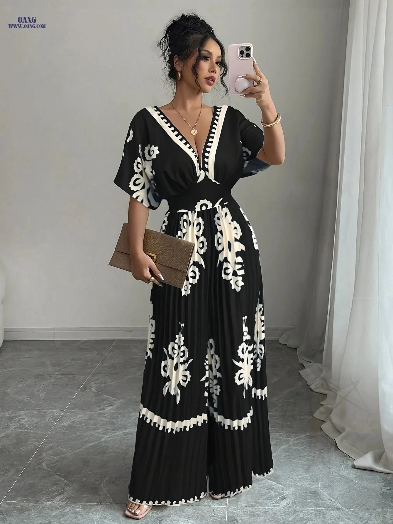 Elegant Women's V-Neck Jumpsuit - Waist-Cinching & Fashionable   OAXG Apricot / S