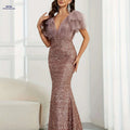 Elegant Women's V-Neck Mermaid Evening Gown - Perfect for Weddings, Galas   OAXG Dirty Pink / S