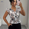 Elegant Women's V-Neck Ruffle Sleeve Blouse for Daily Wear   OAXG Mixed colors / S