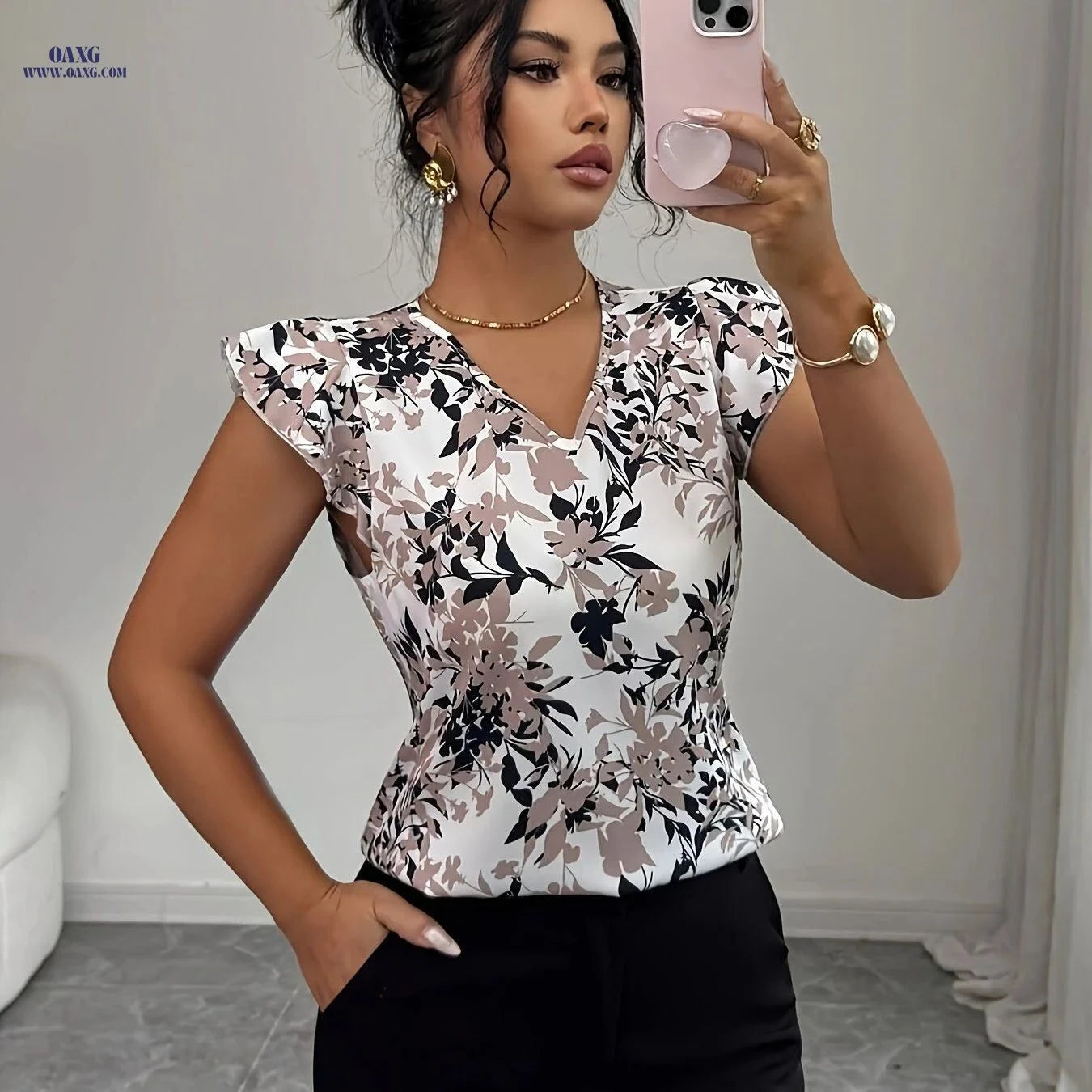 Elegant Women's V-Neck Ruffle Sleeve Blouse for Daily Wear   OAXG Mixed colors / S