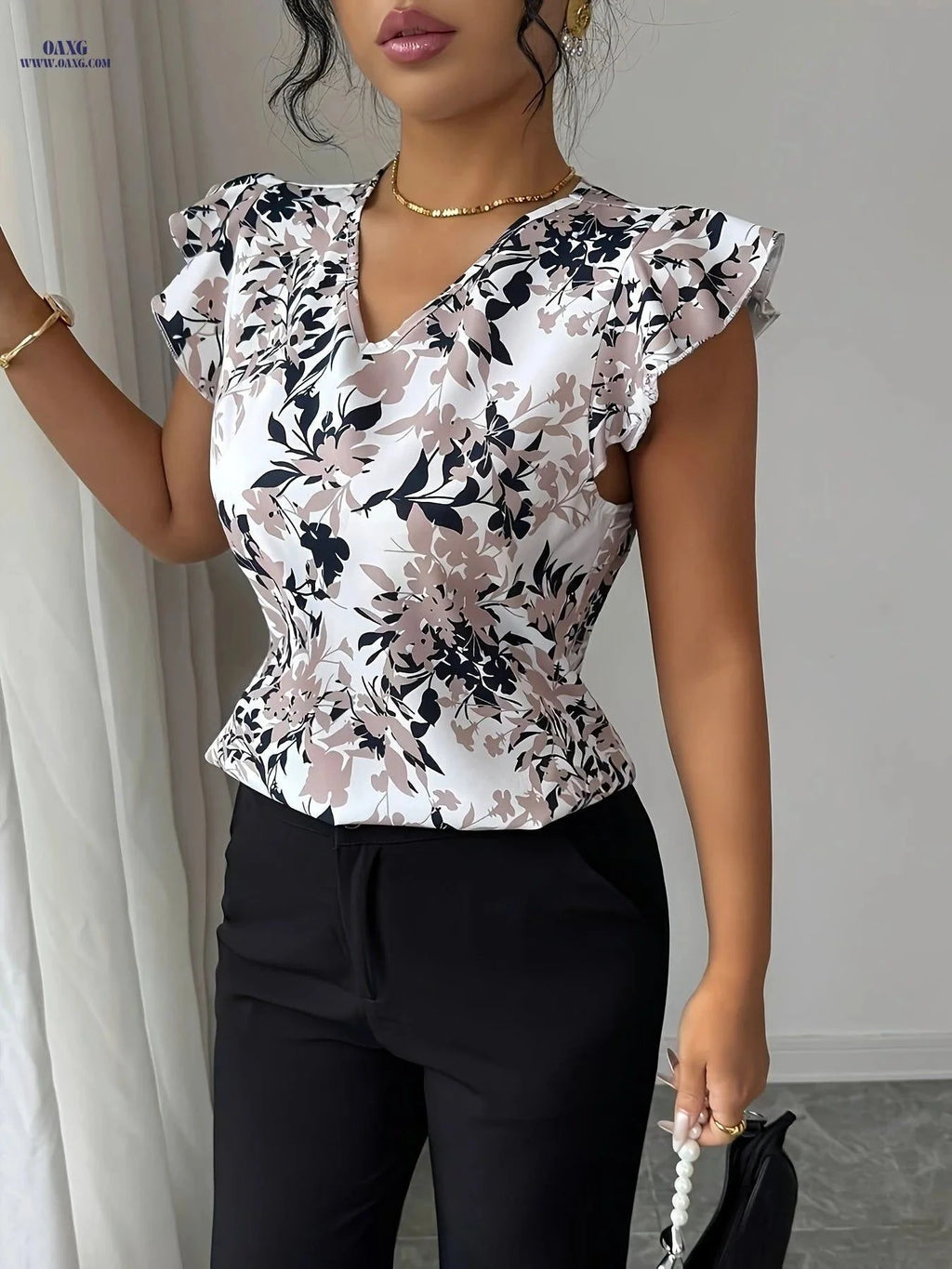 Elegant Women's V-Neck Ruffle Sleeve Blouse for Daily Wear   OAXG Mixed colors / S