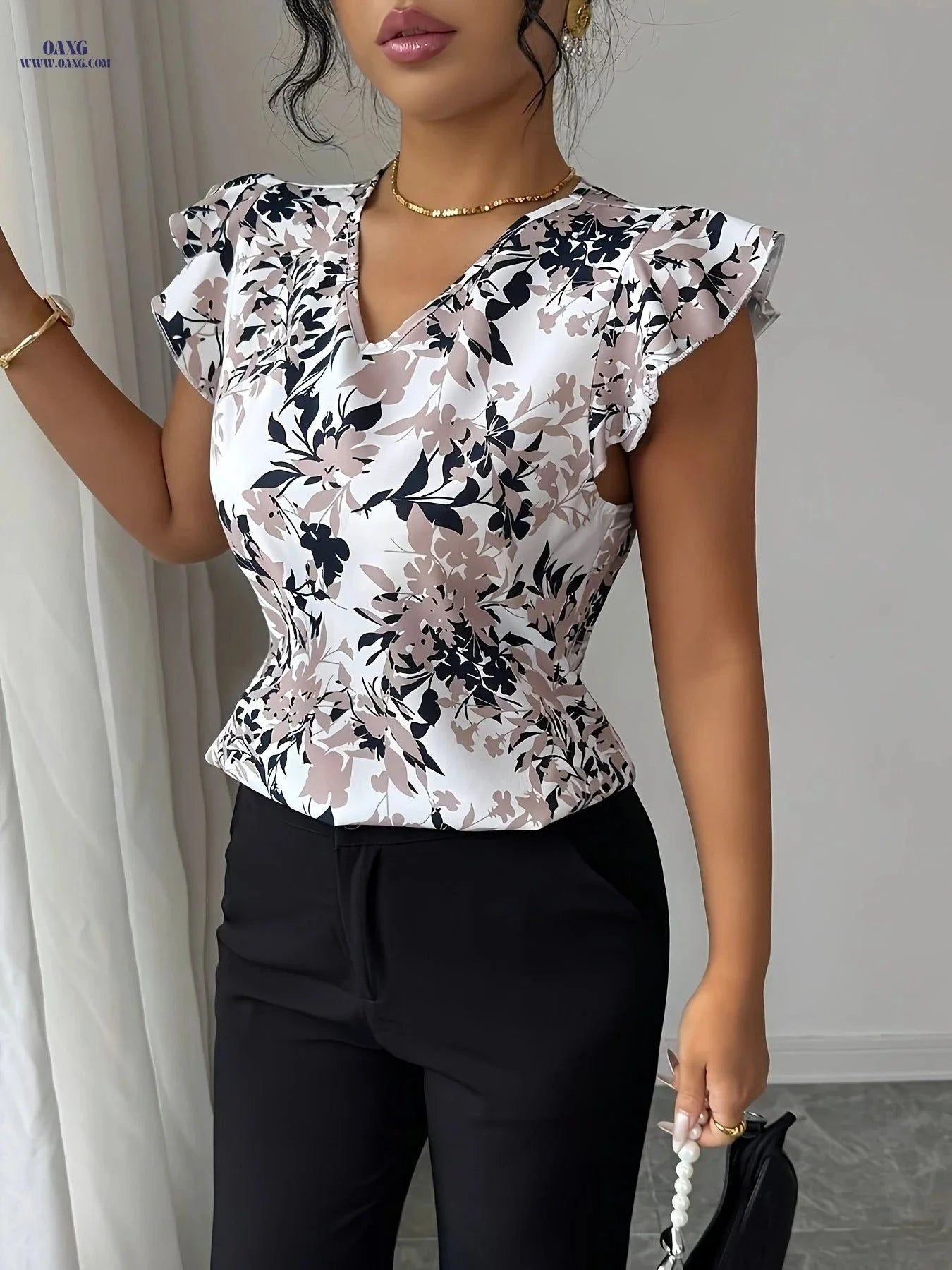 Elegant Women's V-Neck Ruffle Sleeve Blouse for Daily Wear   OAXG Mixed colors / S