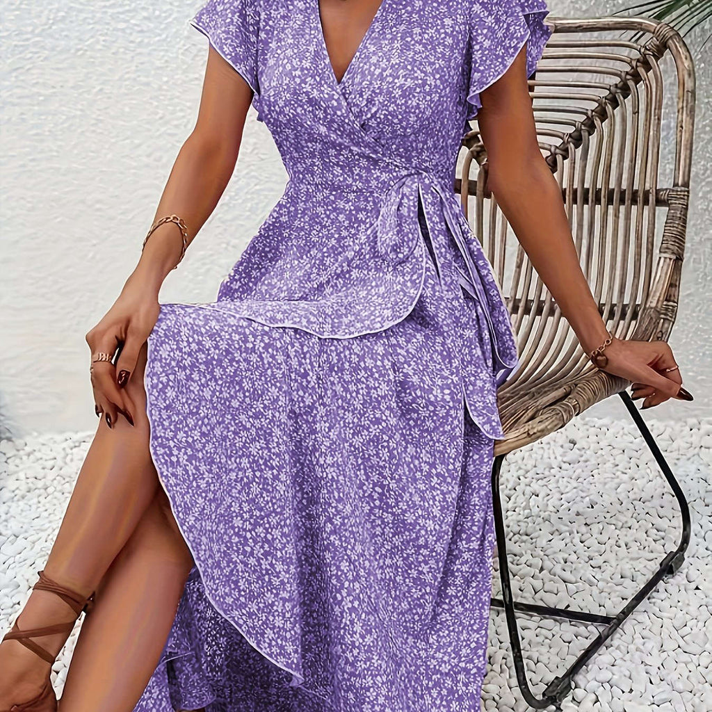 Elegant Women's V-Neck Short-Sleeve Dress - Floral Design for Spring   OAXG 