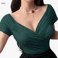 Elegant Women's V-Neck T-Shirt - Cross Detail, Fitted Style   OAXG Dark Green / XS