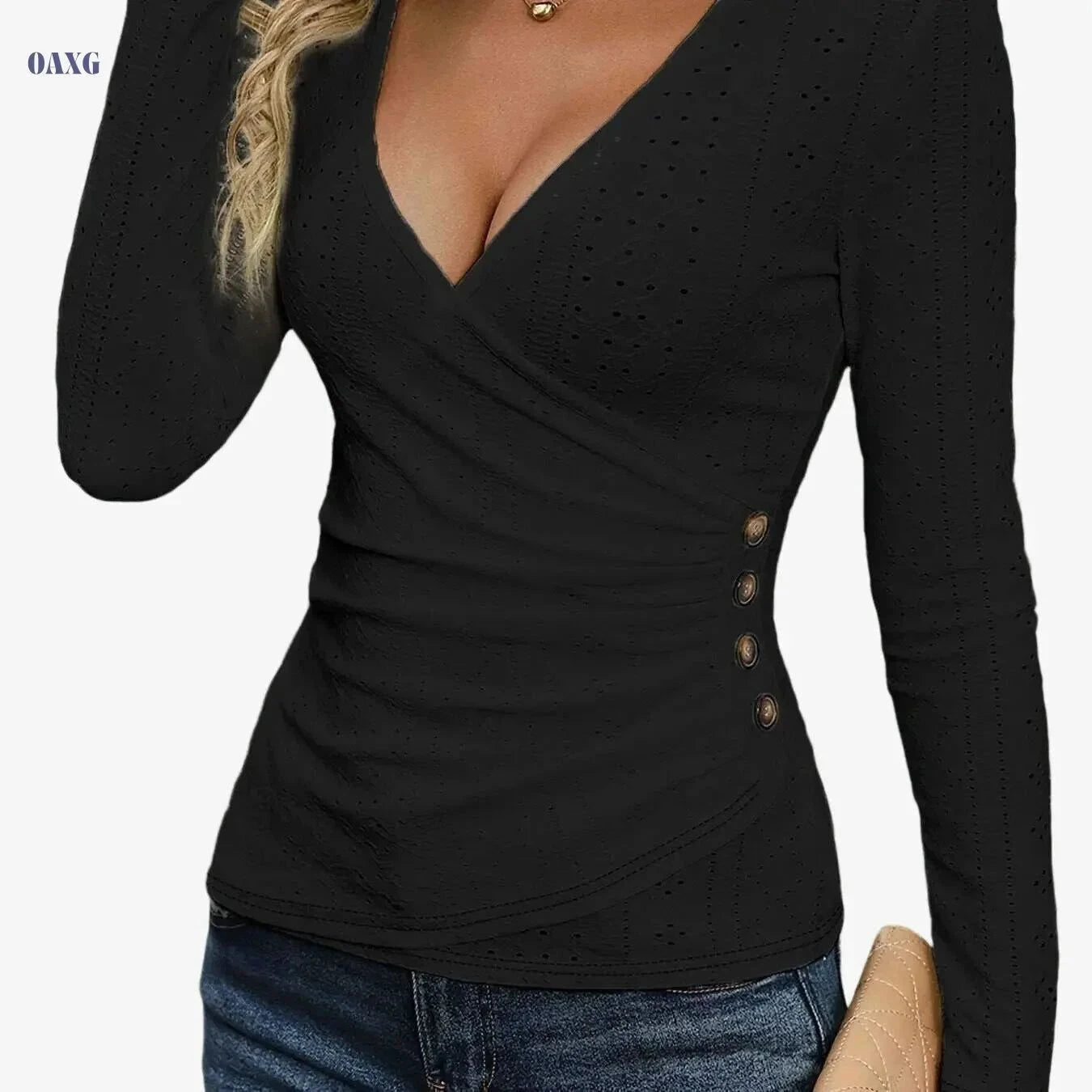 Elegant Women's V-Neck T-Shirt - Solid Color, Comfortable Fabric   OAXG Beige / S