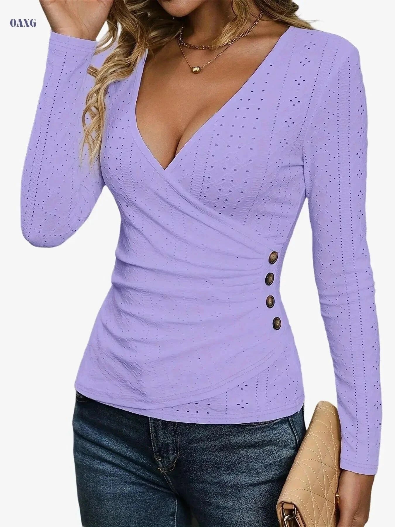 Elegant Women's V-Neck T-Shirt - Solid Color, Comfortable Fabric   OAXG Beige / S