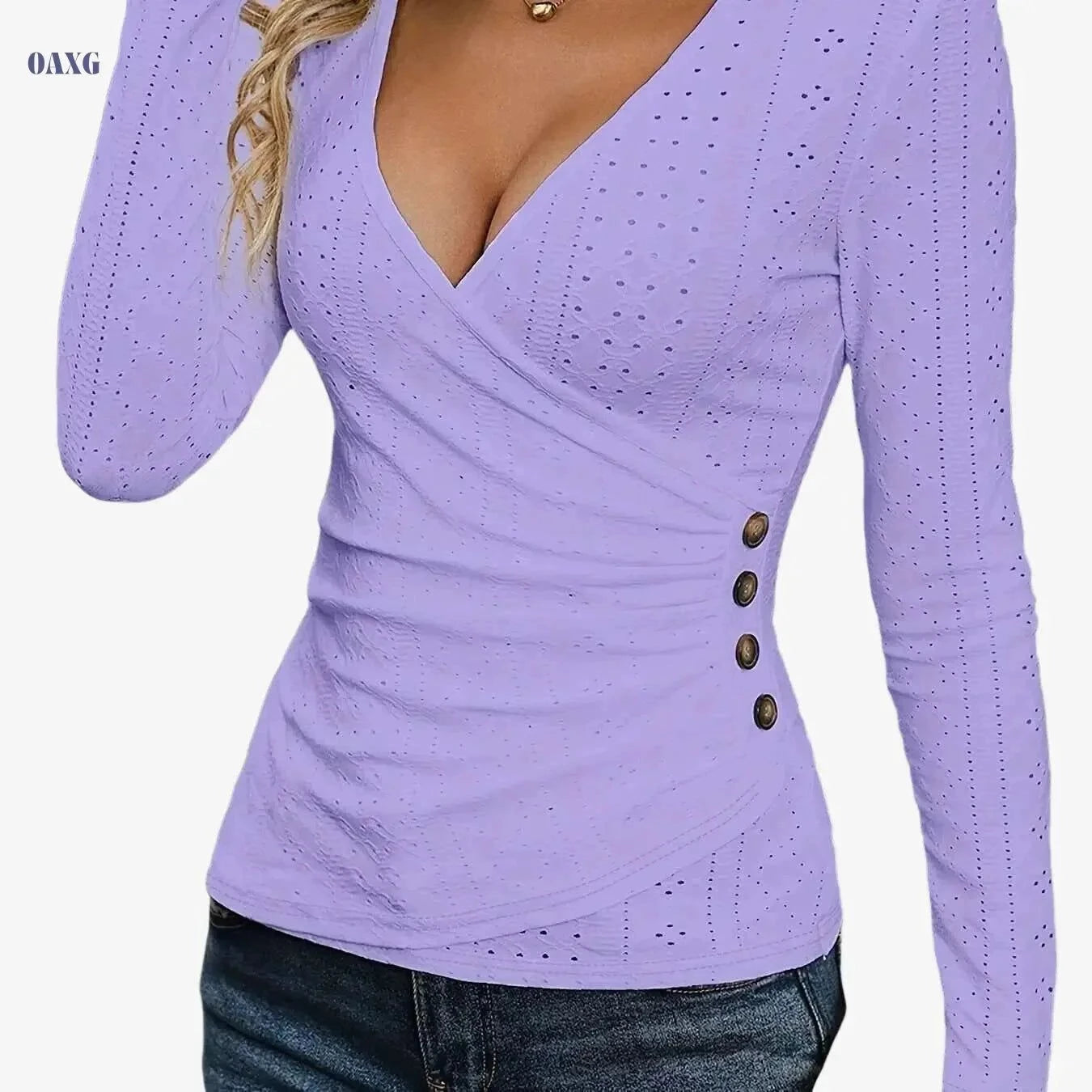 Elegant Women's V-Neck T-Shirt - Solid Color, Comfortable Fabric   OAXG Beige / S