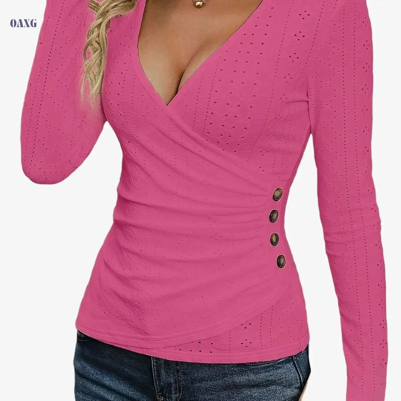 Elegant Women's V-Neck T-Shirt - Solid Color, Comfortable Fabric   OAXG Beige / S