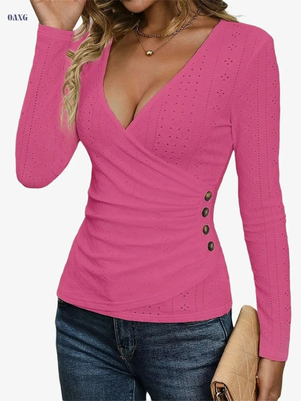 Elegant Women's V-Neck T-Shirt - Solid Color, Comfortable Fabric   OAXG Beige / S